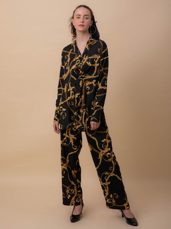 Black Chain Print Knot Top and Pyjama (Set of 2)