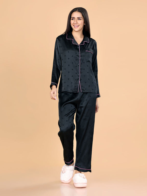 Black Heart Print Satin Nightsuit (Set of 2)