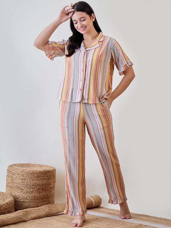 Multicoloured Viscose Crinkled Striped Shirt and Pajama (Set of 2)