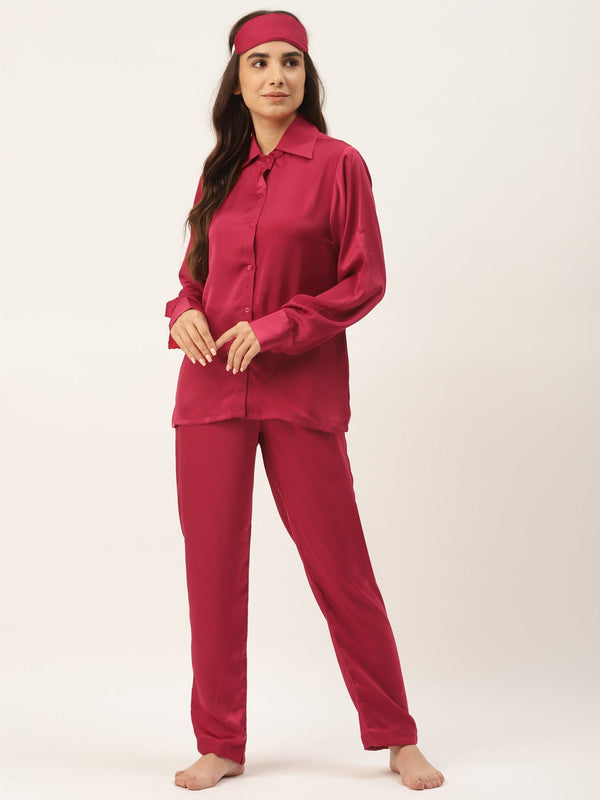 Women Red Solid Satin Pyjama Set