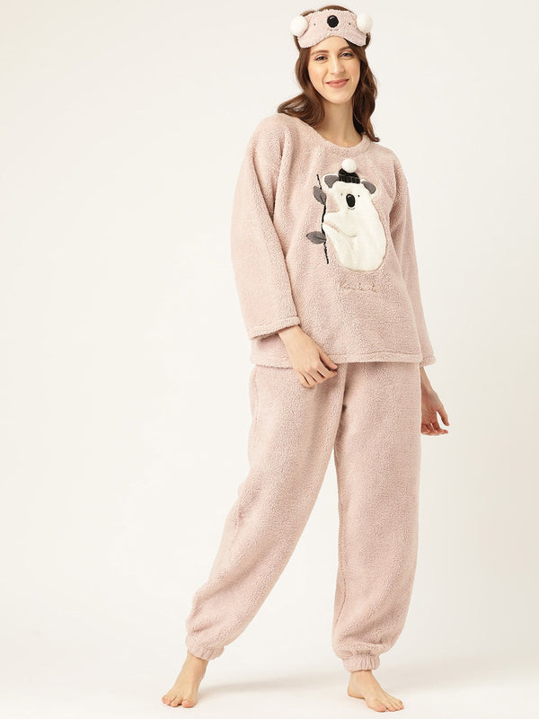 Women Peach-Coloured Applique Detail Fleece Winter Night Suit with Eye Mask