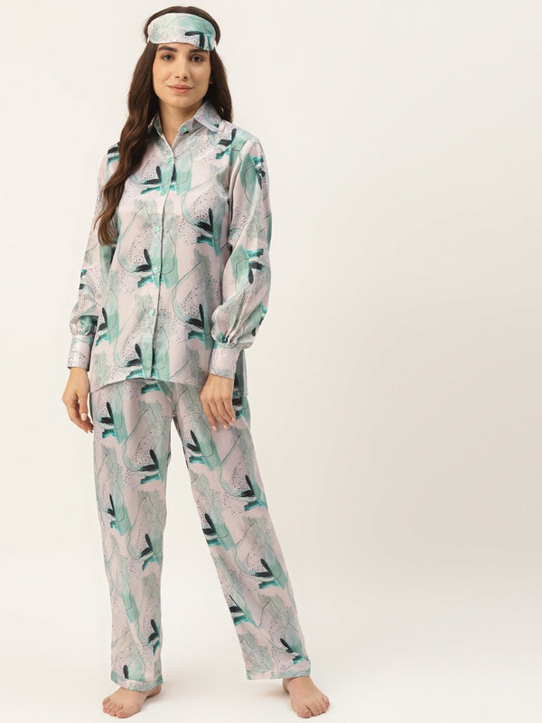 Women Off White & Green Abstract Print Satin Pyjama set