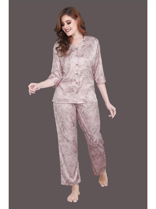 Abstract Swirl Print Satin Night Suit (Set of 2)