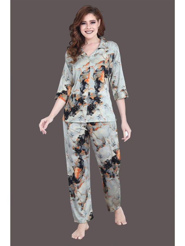 Stunning Multi-Color Satin Print Night Suit (Set of 2)