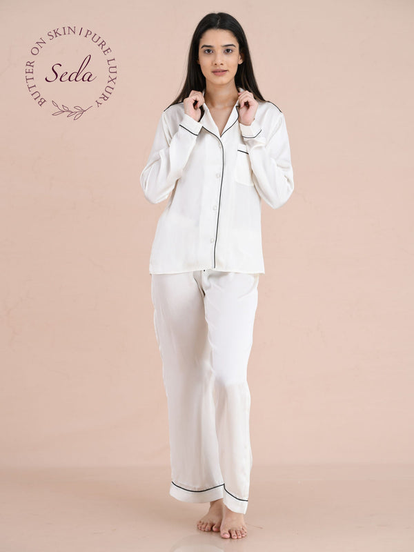 Womens Woven Shirt & Pyjama Set, White