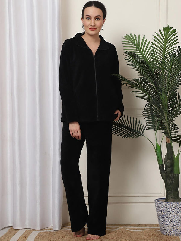 Women Winter Textured Black Top with Pajama (Set of 2)