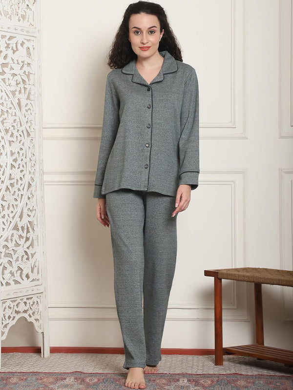Women Winter Textured Green Shirt with Pajama (Set of 2)