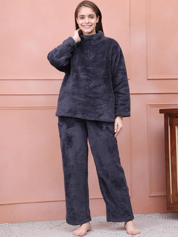 Women Winter Textured Charcoal Top with Pajama (Set of 2)