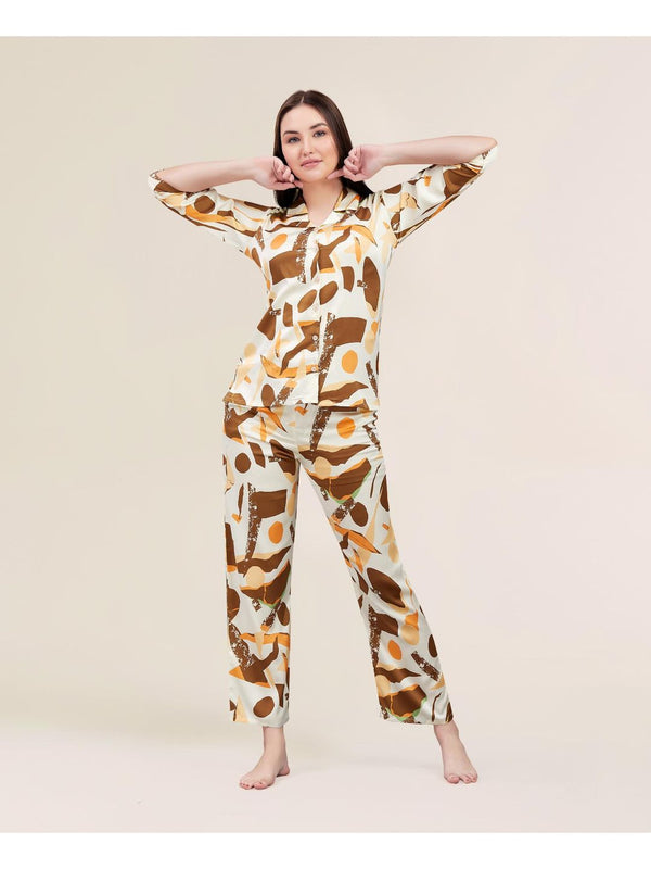 Cream Shiny Chemistry Satin Night Suit (Set of 2)