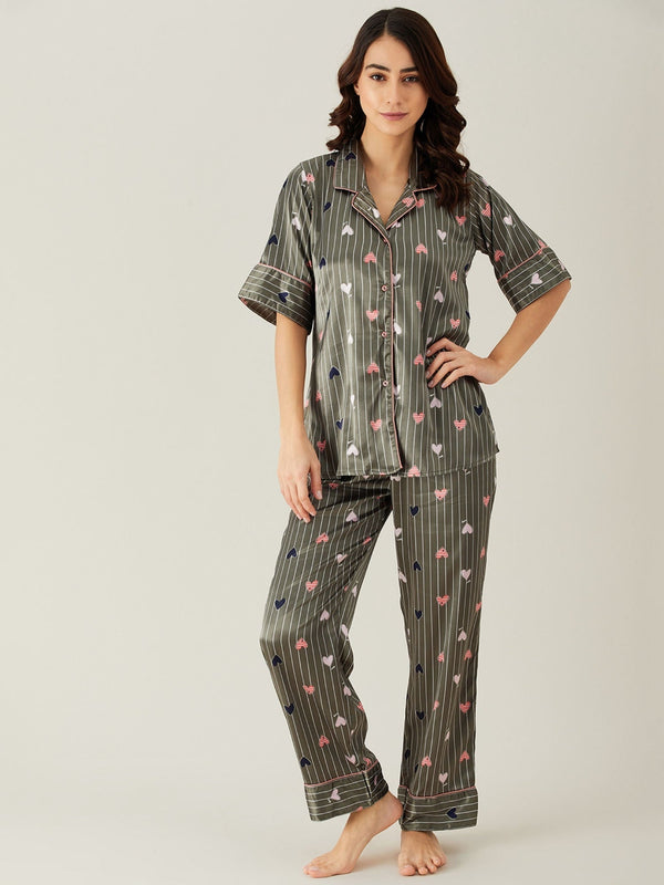 Green Stripes Hearts Up Satin Pyjama Loungewear