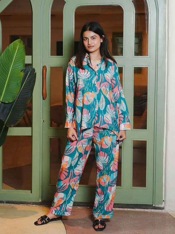 Blue Pine Printed Shirt with Pyjama (Set of 2)