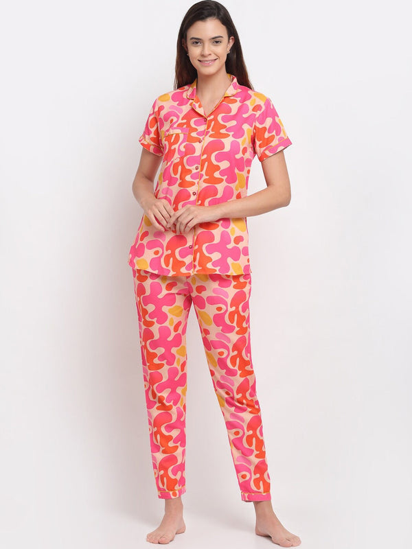 Pink & Orange Abstract Printed Night suit