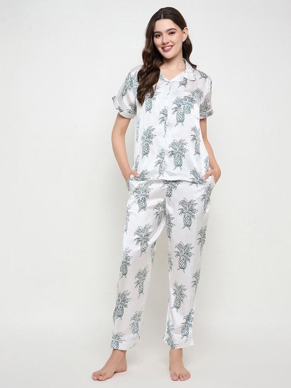 White Satin Printed Shirt and Pyjama (Set of 2)