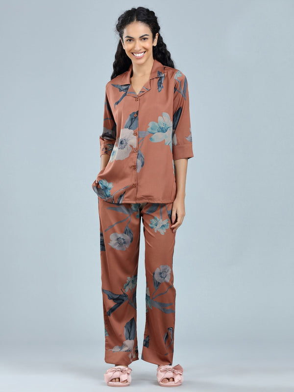 Brown Floral Printed Shirt with Pant (Set of 2)