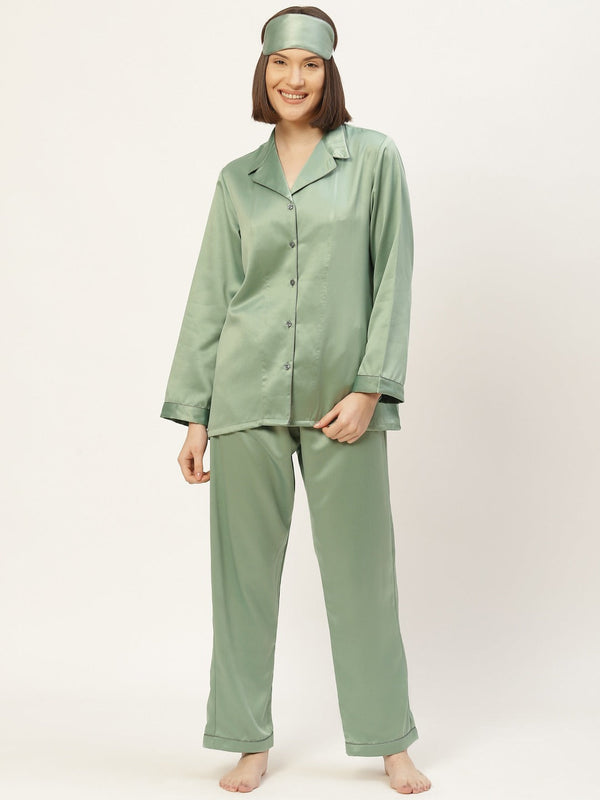 Women Olive Green Satin Night suit with Eye Mask