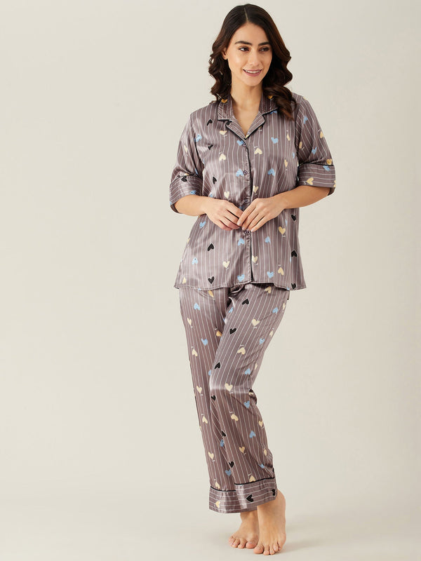Brown Stripes Hearts Up Satin Pyjama Loungewear