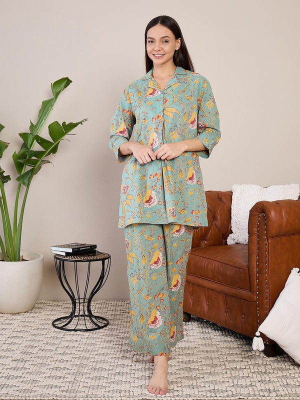 Women Green Cotton Long Kurti with Pant - (Set of 2)