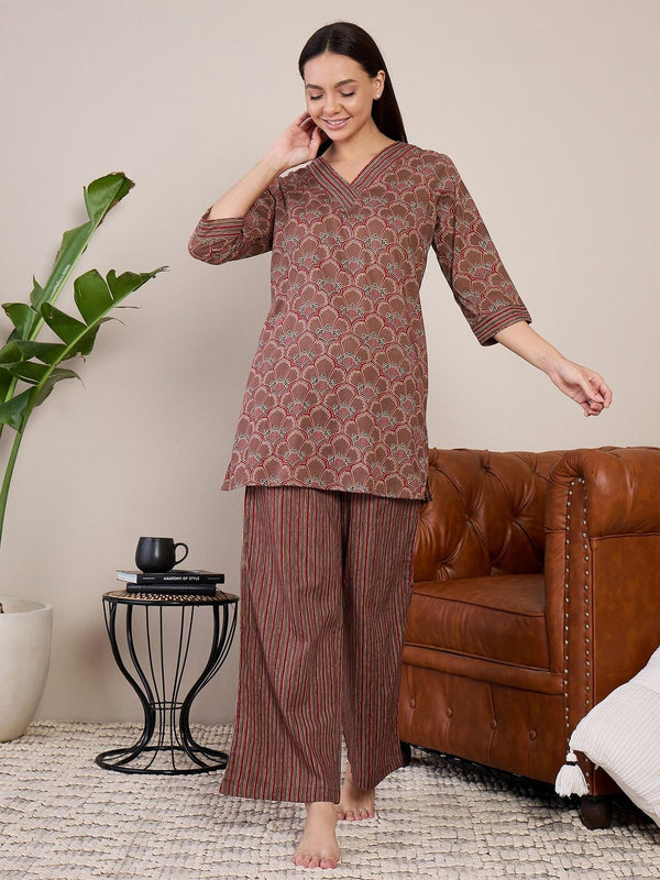 Women Brown Cotton Long Kurti with Pant - (Set of 2)