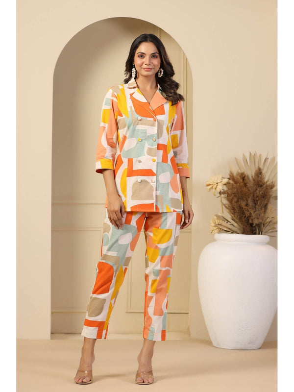 Women Multi Colored Abstract Print Shirt and Pyjama Co-ord (Set of 2)