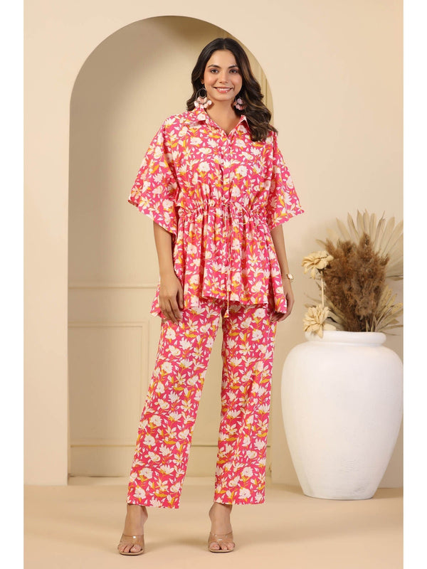 Women Blooming Pink Flared Shirt and Pyjama Co-ord (Set of 2)