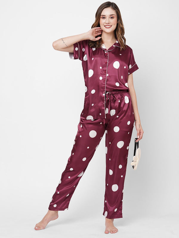 Women Printed Satin Maroon Night Suit (Set of 2)