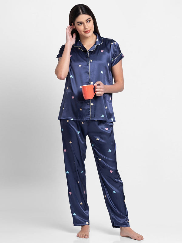 Women Printed Satin Navy Blue Night Suit (Set of 2)