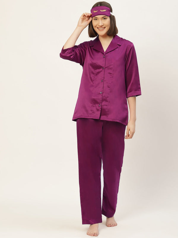 Women Magenta Satin Night suit with Eye Mask