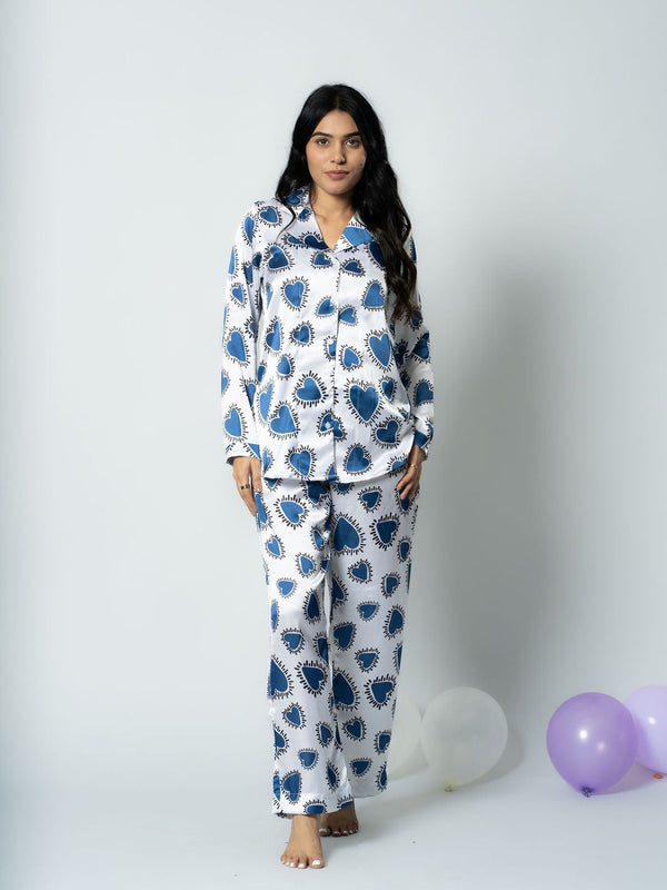 Heart Burst Satin Shirt with Pyajama & Eye Mask Blue (Set of 3)