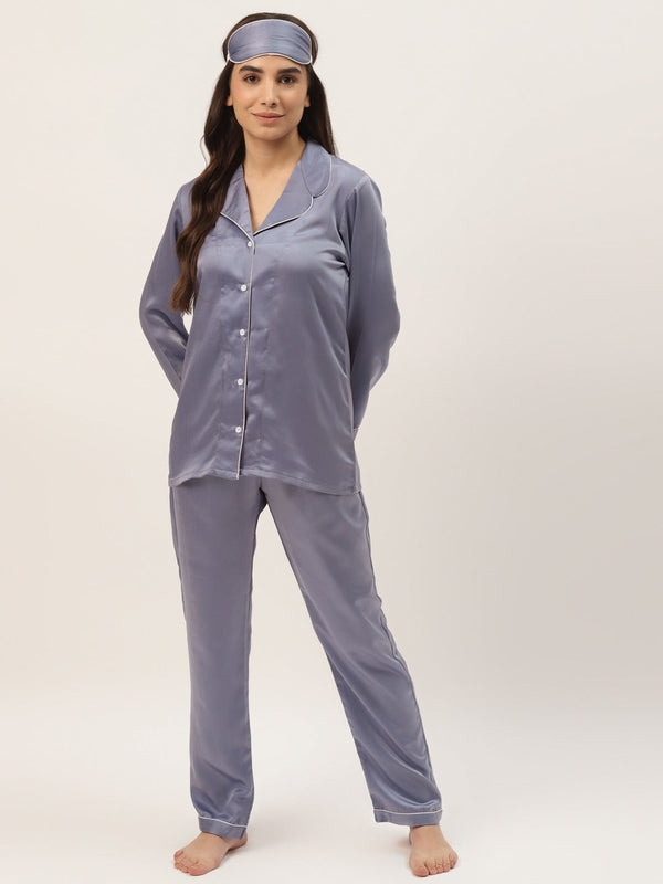 Women Blue Solid Satin Pyjama Set