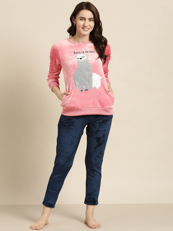 Women Pink & Navy Blue Printed Fleece Night suit