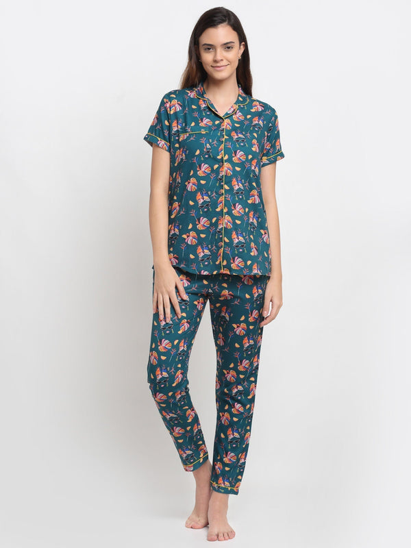 Women Teal Green & Orange Printed Printed Pyjamas Set