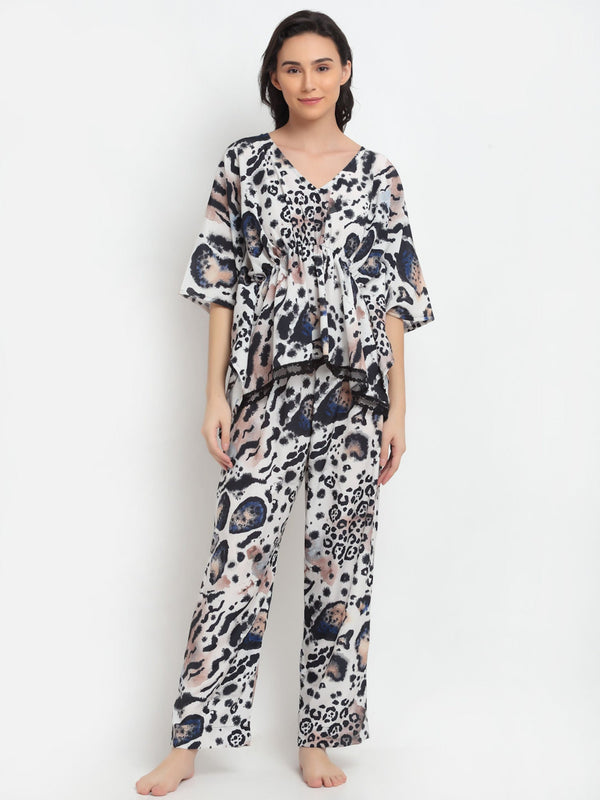 Women White & Black Printed Night suit