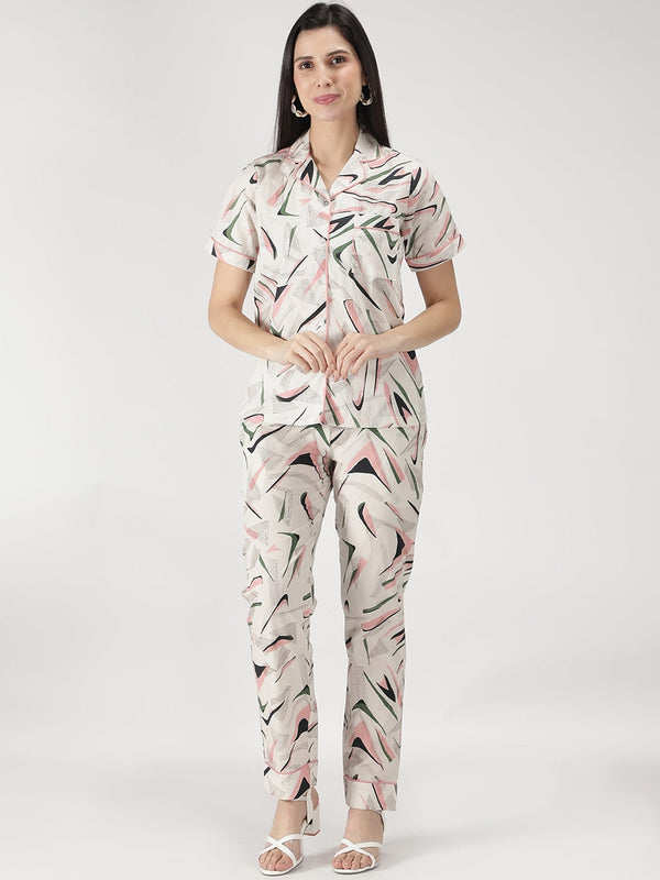 Women White & Navy Blue Printed Night suit