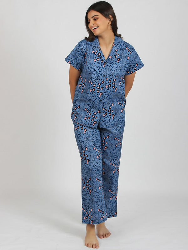 Women Blue & Black Printed Pure Cotton Night suit