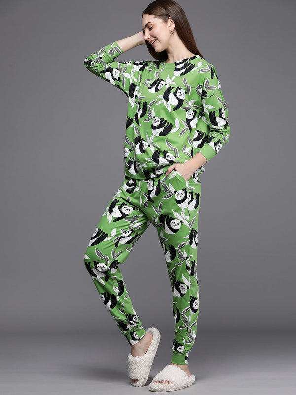 Women Graphic Printed Pure Cotton Night Suit Green