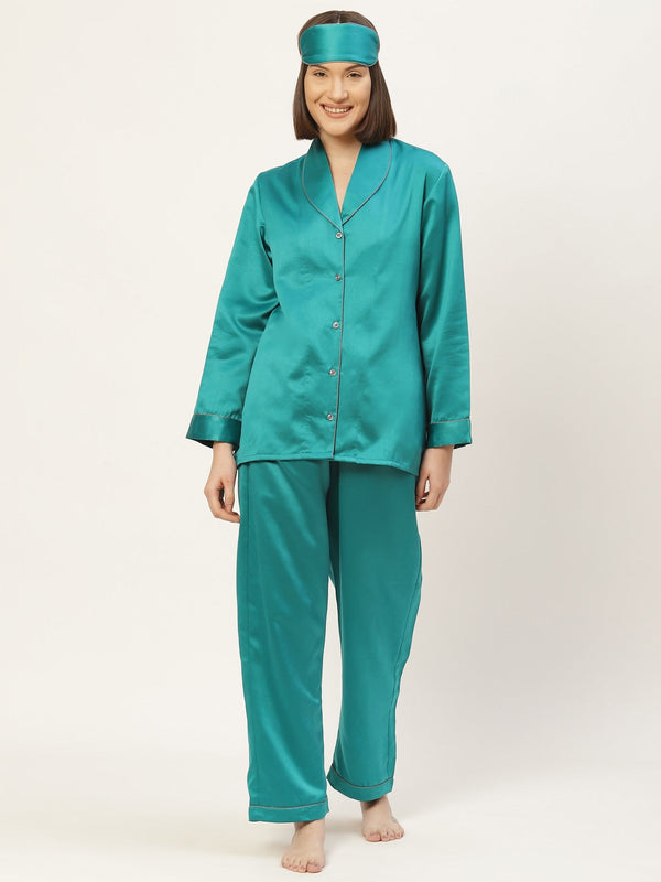 Women Teal Blue Satin Night suit with Eye Mask