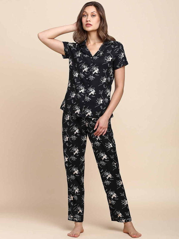 Floral Printed Notched Lapel Collar Night Suit