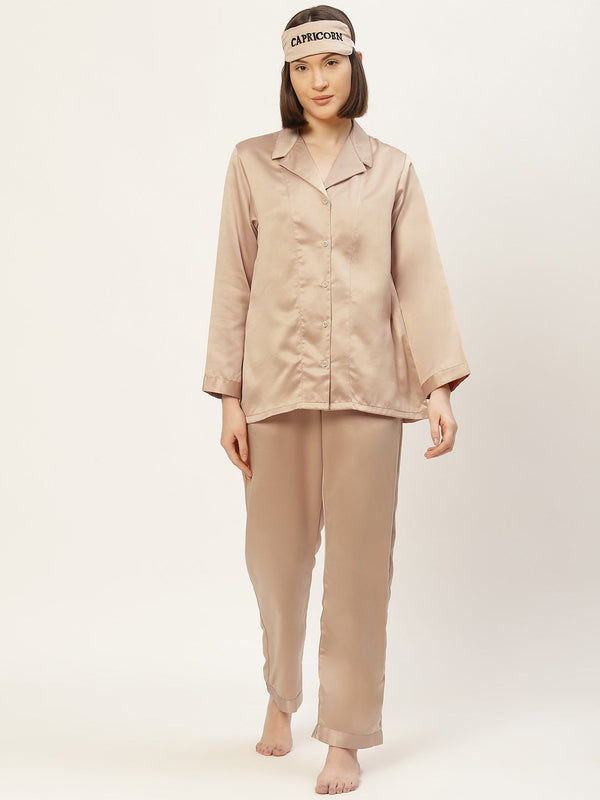 Women Beige Satin Night suit with Eye Mask
