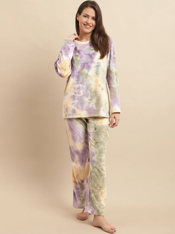Purple Tie and Dyed Long Sleeves Velvet Night suit