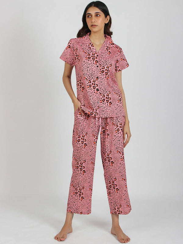 Women Pink & Orange Printed Cotton Leopard Night suit