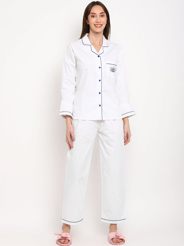 Women Evil Eye Embroidered Pure Cotton Lapel Collar Shirt & Pyjamas