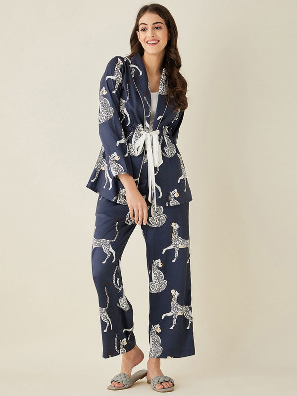 Navy Blue Leopard Satin Pyjama Set