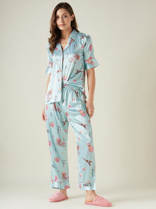 Blue Satin Cycle Print Pyjama (Set of 2)