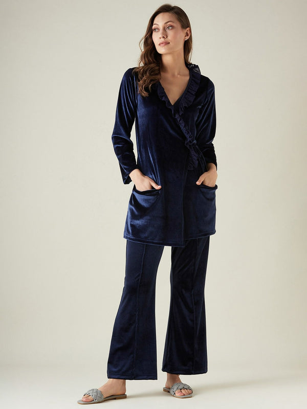 Navy Velvet Wrap Top Lounge (Set of 2)
