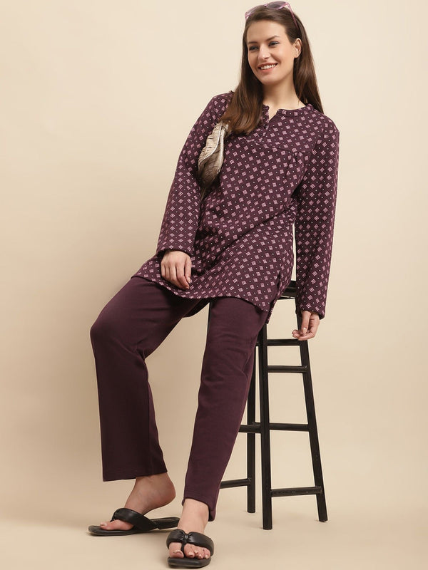 Fleece Winter Wear Night Suits-Purple (Set of 2)