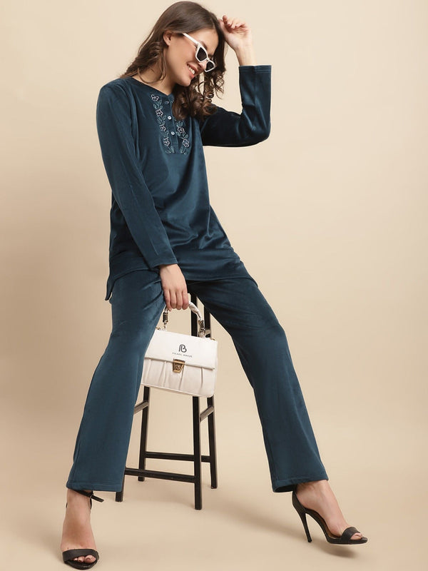 Velour Winter Wear Night Suits-Teal (Set of 2)