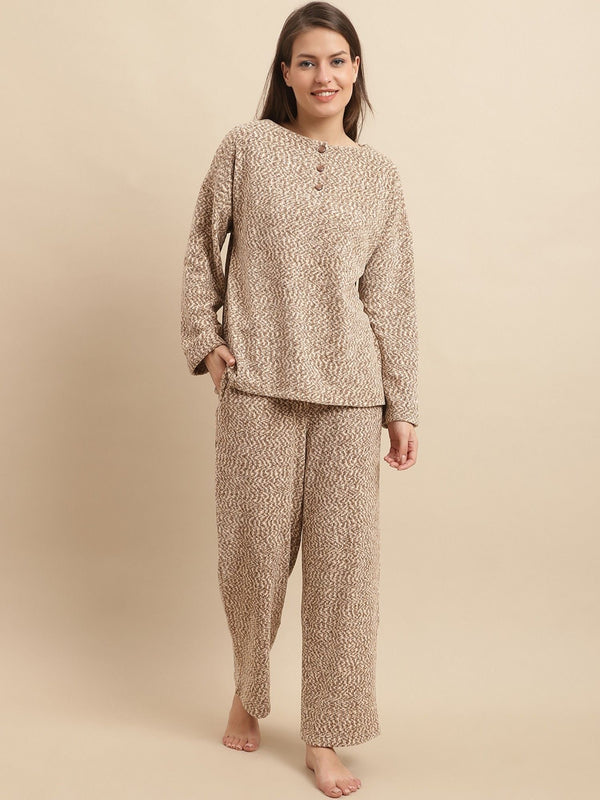 Jacquard Winter Wear Long Night Suits-Beige (Set of 2)