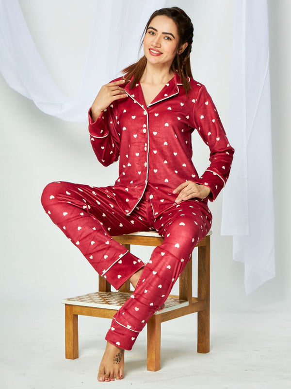 For Women Maroon Aop Velour Shirt - Pyjama